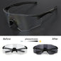 Sunglasses with photochromic lenses showing 'Before', 'After' transformation on a dark background.