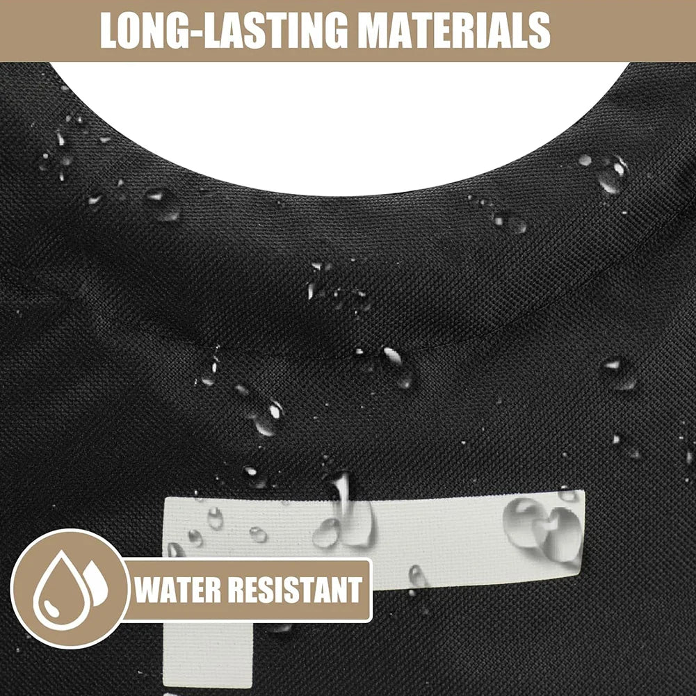 Black fabric with water droplets and a water-resistant label, emphasizing long-lasting materials.