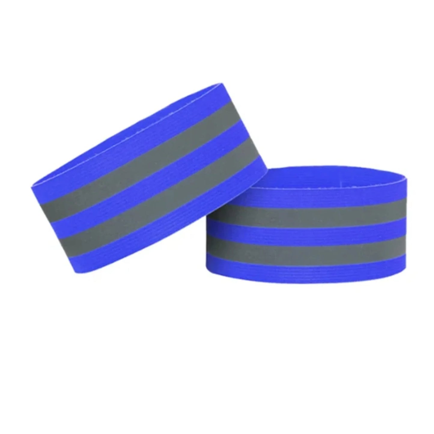 Two blue wristbands with reflective gray stripes on a white background