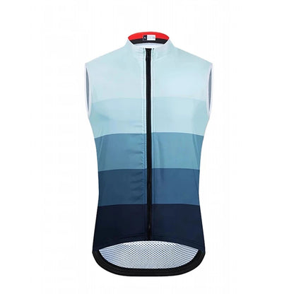 Light blue and navy cycling vest with a red and black collar on a white background