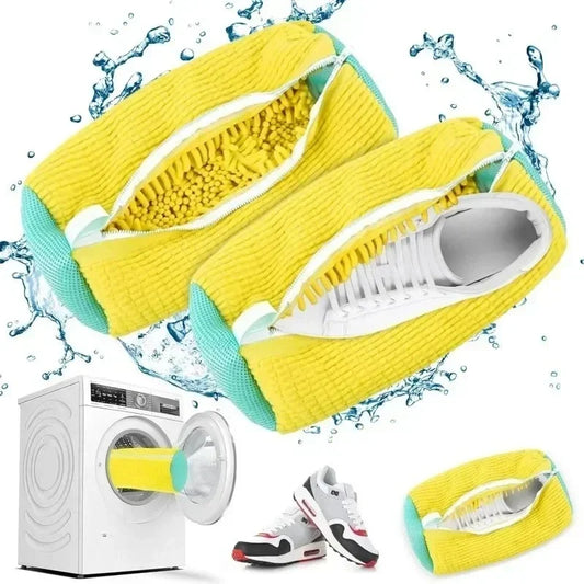 Yellow shoe cleaning bag with water splashes and a washing machine in the background