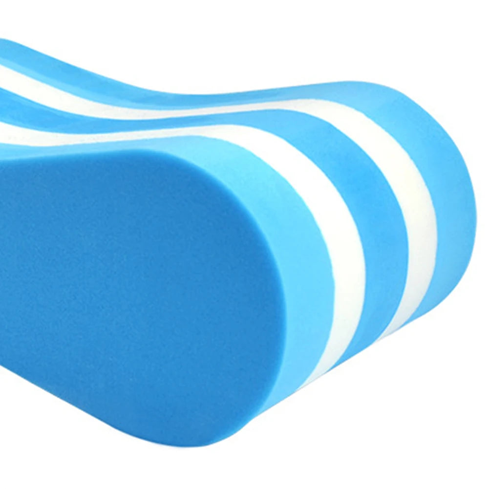 Blue swim pull buoy with white stripes on a white background