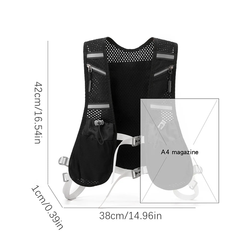 Black running vest with measurement details on a white background