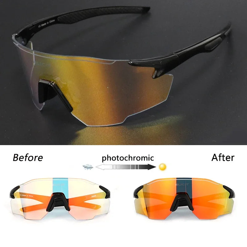 Sunglasses with photochromic lenses on a dark background, showing before and after transformation.