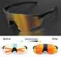 Sunglasses with photochromic lenses on a dark background, showing before and after transformation.