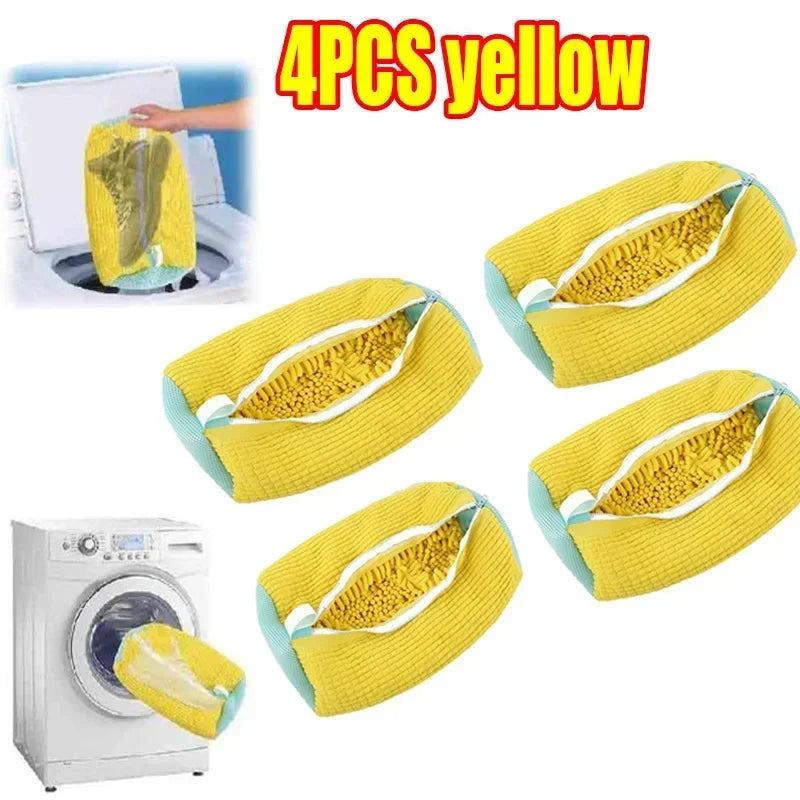 Four yellow shoe wash bags with a washing machine in the background, labeled '4PCS yellow'.