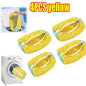 Four yellow shoe wash bags with a washing machine in the background, labeled '4PCS yellow'.