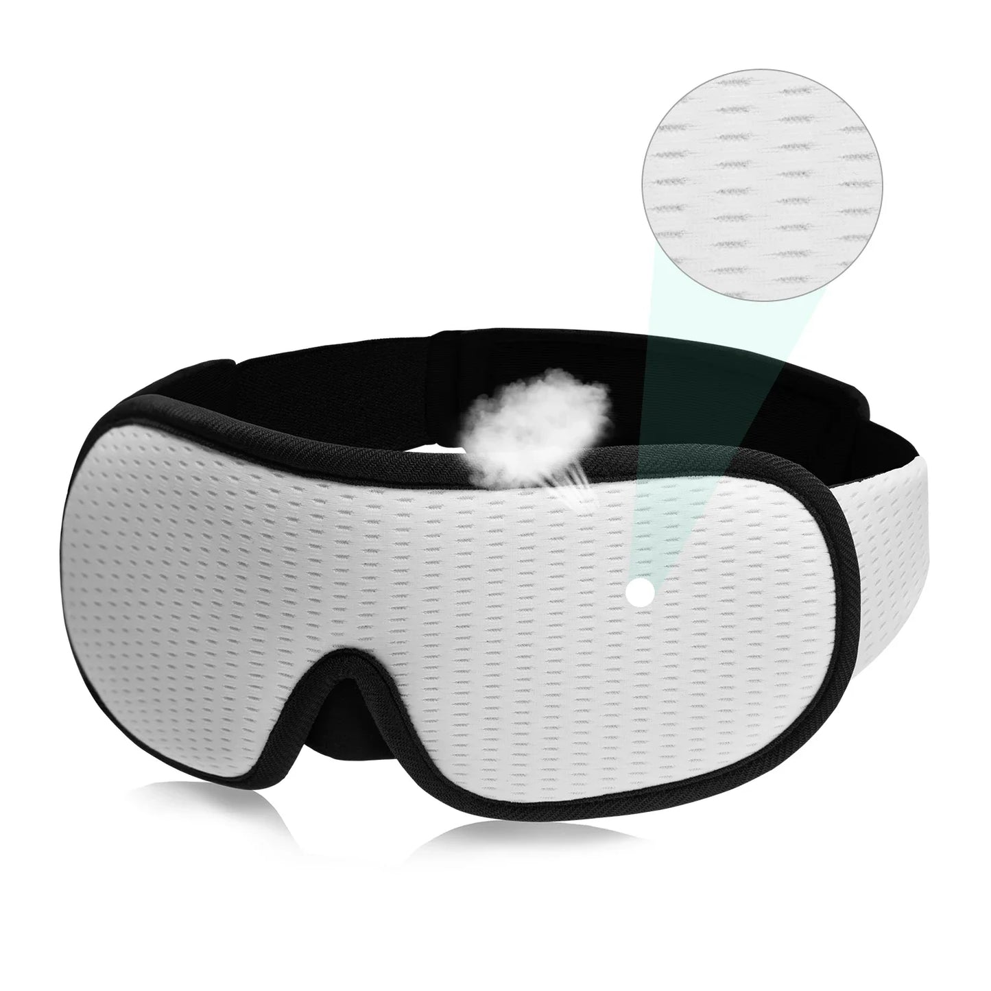 White sleep mask with black straps on a white background