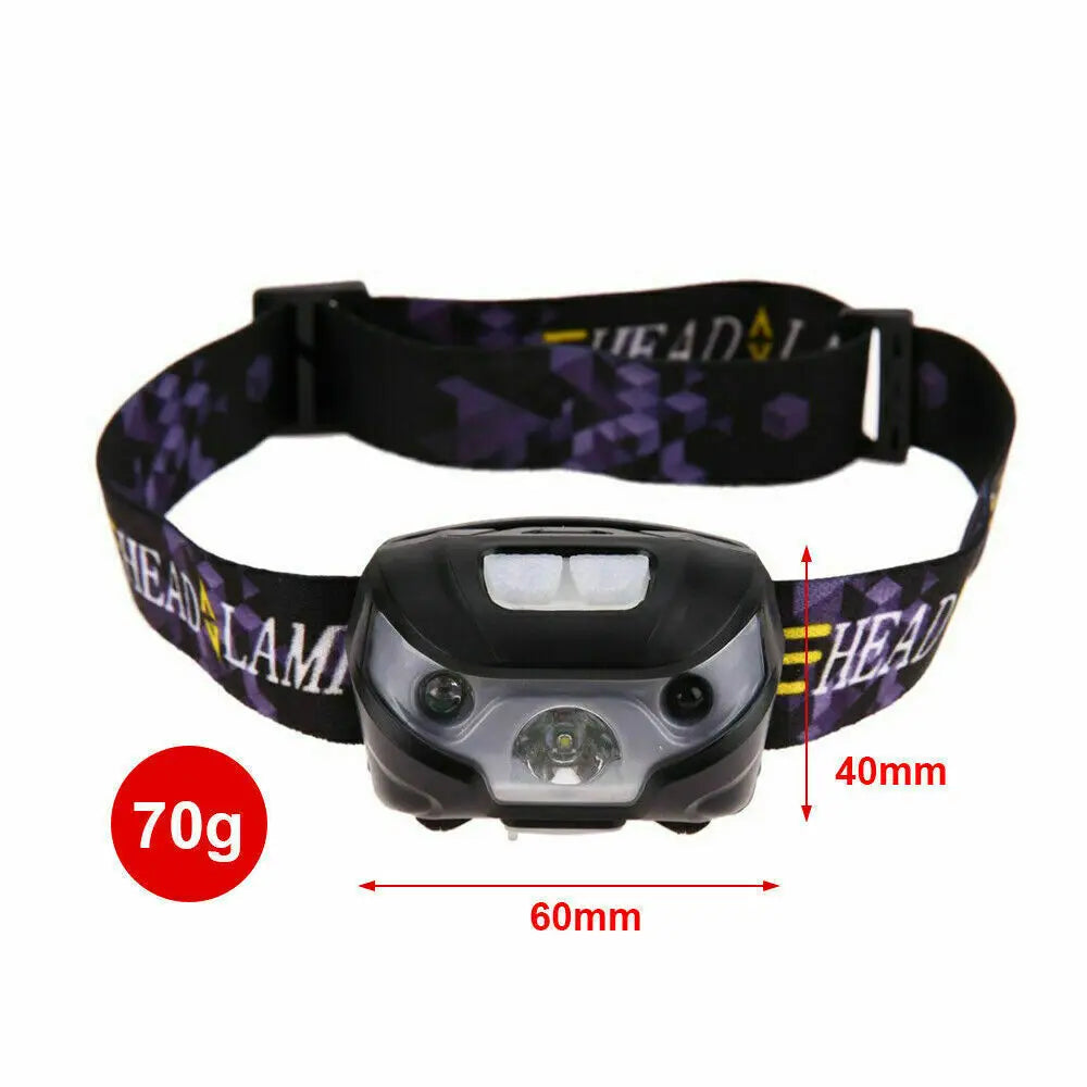 Black headlamp with purple camouflage strap, showing weight, dimensions, and brand name.