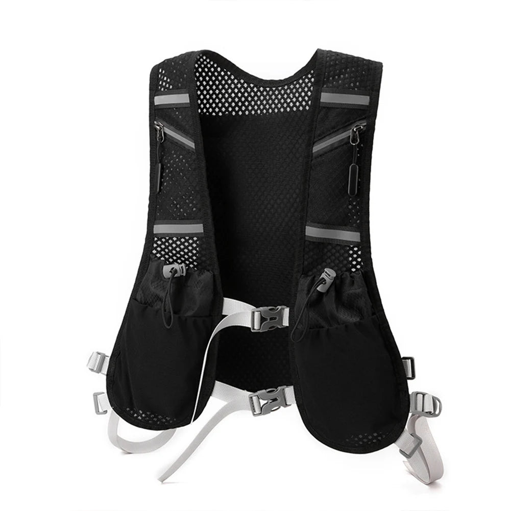 Black running vest with reflective stripes on a white background