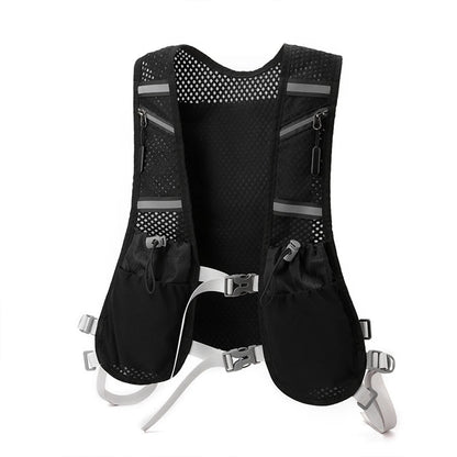 Black running vest with reflective stripes on a white background