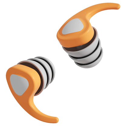 Orange and gray triathlon ear plugs on a white background