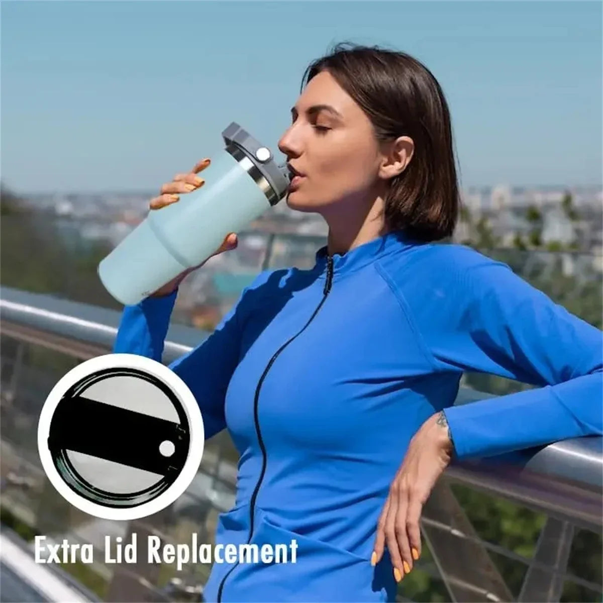 Woman in blue athletic wear drinking from a light blue water bottle with an extra lid replacement logo.
