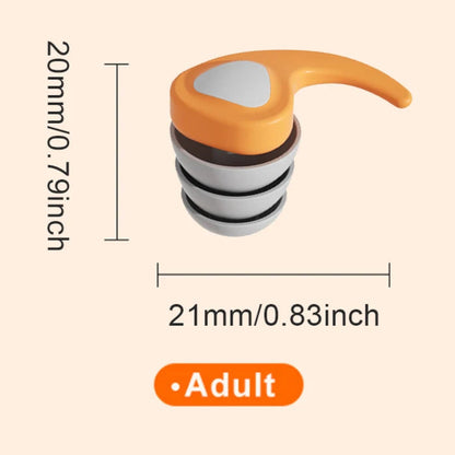 Measurement chart for an orange and black triathlon ear plug with dimensions and 'Adult' label on a beige background.