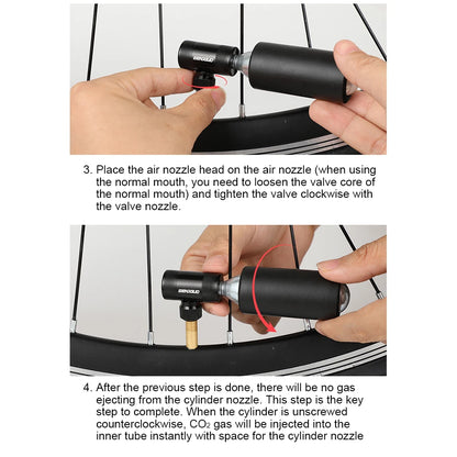 Person using a bicycle air pump with text instructions on a white background