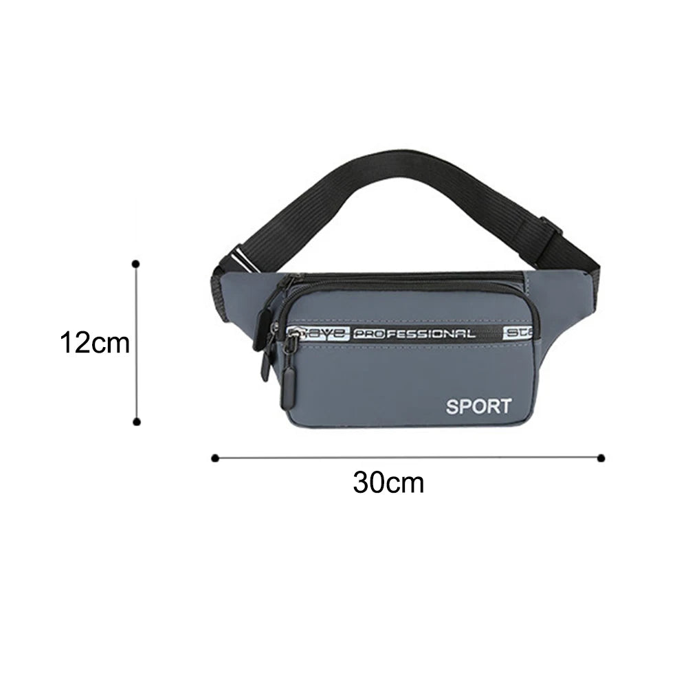 Gray waist bag with black strap and measurement details on a white background