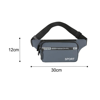 Gray waist bag with black strap and measurement details on a white background