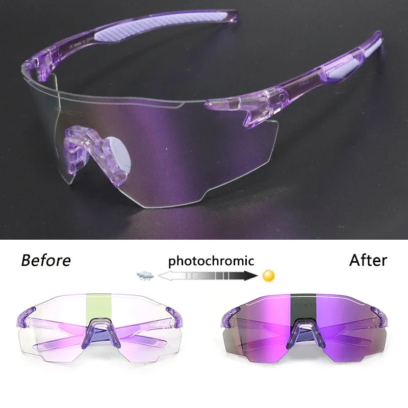 Purple photochromic sunglasses showing a transformation from clear to purple on a black background.