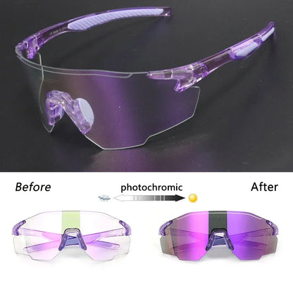 Purple photochromic sunglasses showing a transformation from clear to purple on a black background.