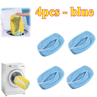 Four blue shoe wash bags with a washing machine and towel in the background, labeled '4pcs - blue'.