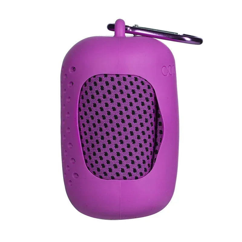 Purple towel  with a carabiner on a white background