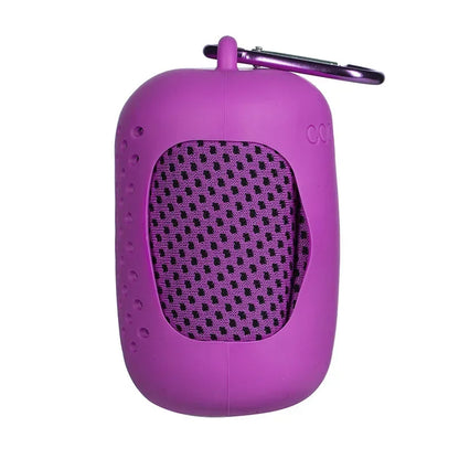 Purple towel  with a carabiner on a white background
