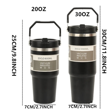 Two black vacuum insulated mugs with measurement labels on a white background