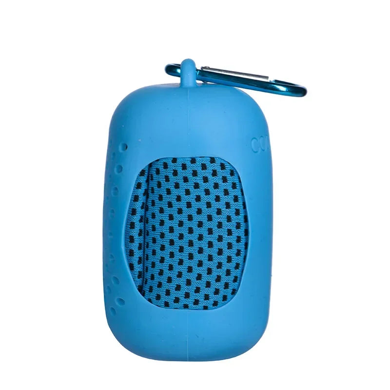Blue portable towel with a carabiner on a white background