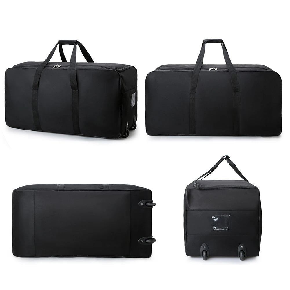 Set of black travel bags with wheels and handles on a white background