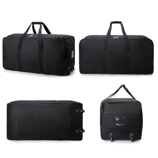 Set of black travel bags with wheels and handles on a white background