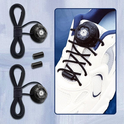 Black shoe lace system with components on a blue background