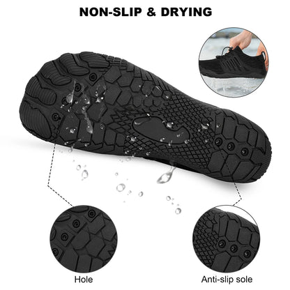Black triathlon shoe with anti-slip sole and drying features on a white background
