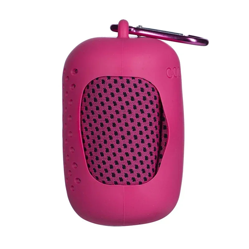 Pink portable towel with a carabiner on a white background