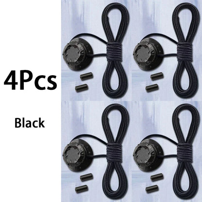 Four black triathlon laces with connectors on a light blue background