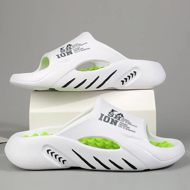 White slides with green sole and black text on a gray background