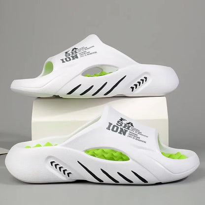 White slides with green sole and black text on a gray background