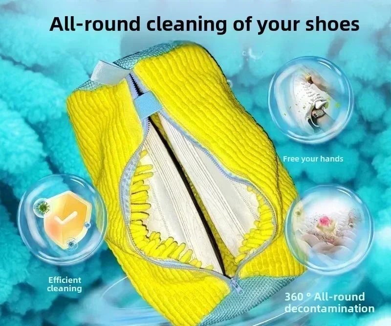 Yellow shoe cleaning bag with text on a blue background