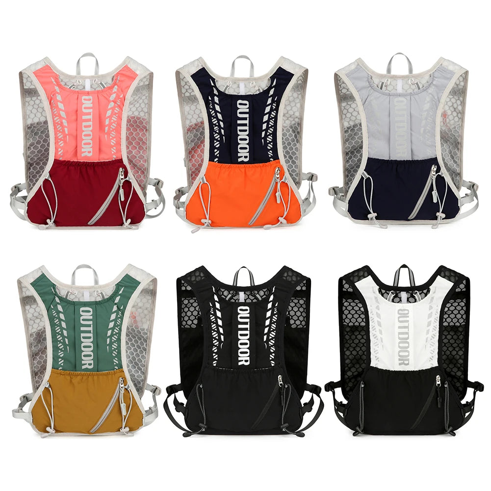 Set of six colorful hydration vests with 'Outdoor' branding on a white background
