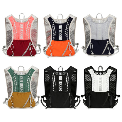 Set of six colorful hydration vests with 'Outdoor' branding on a white background