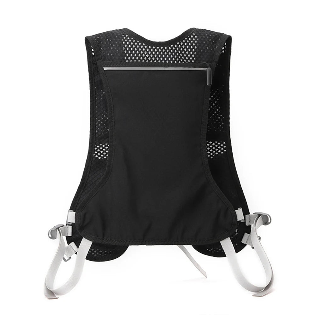 Black hydration vest with mesh back on a white background