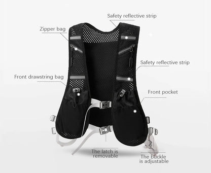 Black running vest with safety reflective strips and labeled features on a white background