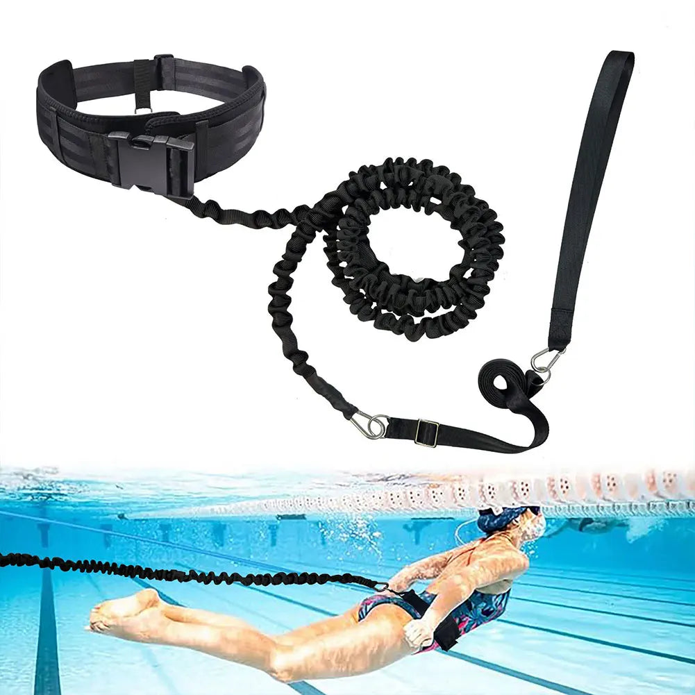 Black swim training leash with a person swimming underwater in the background