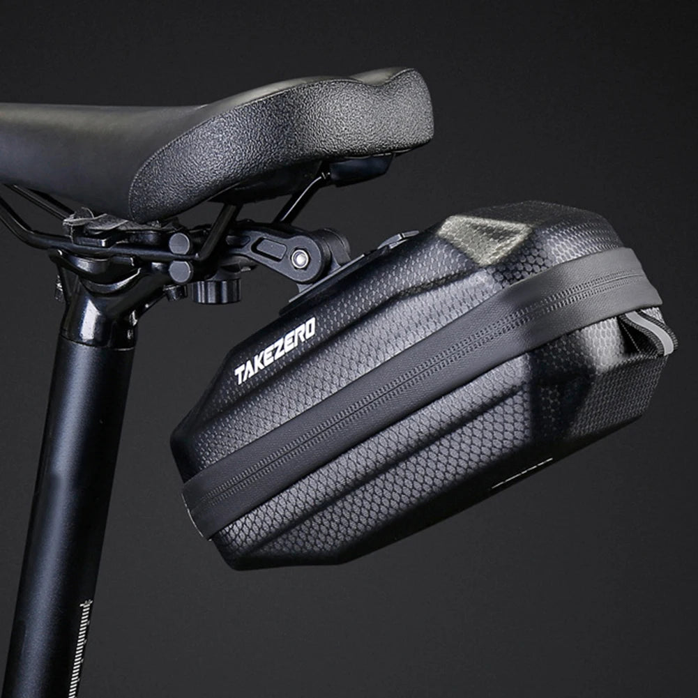 Bicycle seat bag with 'TakeZero' branding on a black background