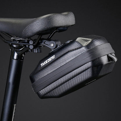 Bicycle seat bag with 'TakeZero' branding on a black background