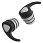 Black and white triathlon ear plugs on a white background