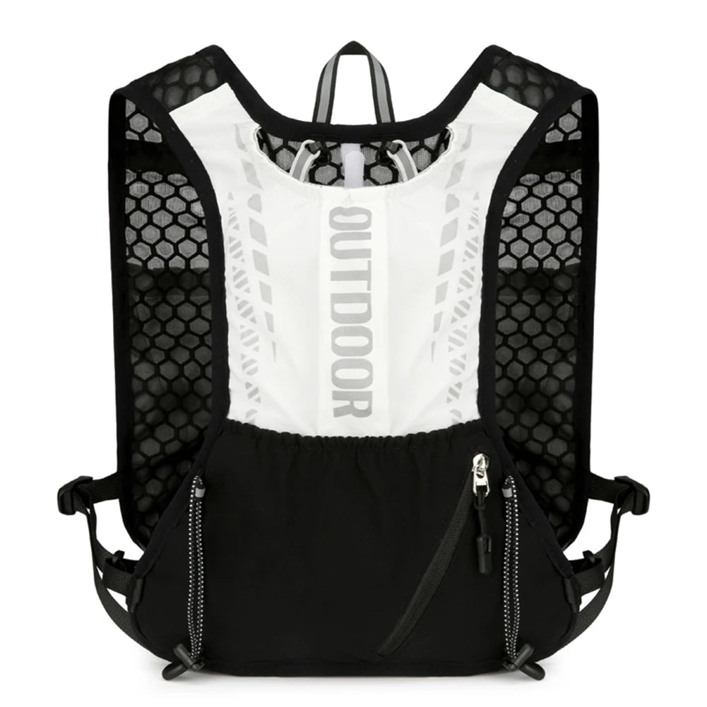 Black and white outdoor backpack with mesh design on a white background
