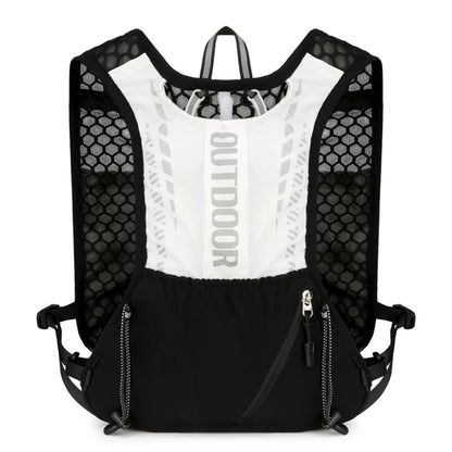 Black and white outdoor backpack with mesh design on a white background