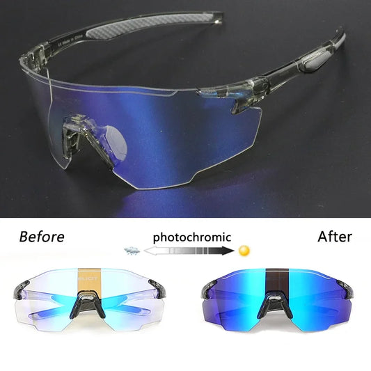 Sunglasses with photochromic lenses showing transformation from clear to blue on a dark background.
