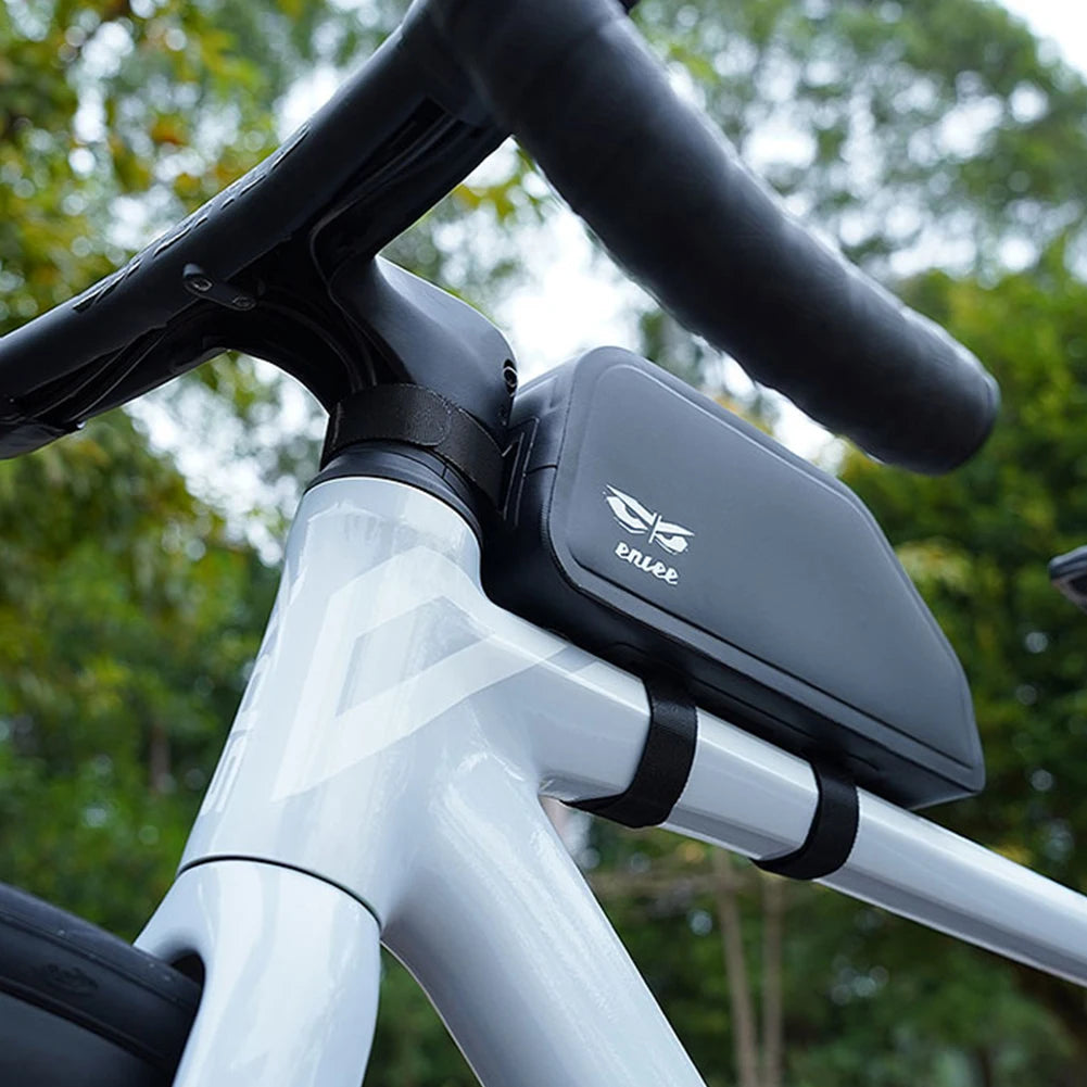 Bicycle handlebar with a smartphone mount against a blurred green background