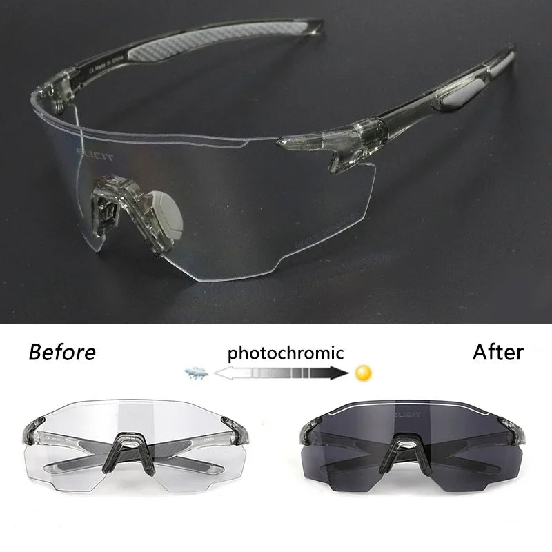 Photochromic sunglasses showing clear and dark lenses on a black background